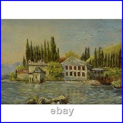 Peinture ancienne à l'huile Villa italienne Seascape au bord du lac 50x41 cm