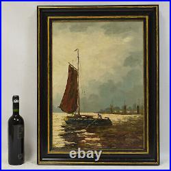 Peinture ancienne à l'huile sur toile bateaux en mer 73x56 cm