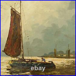 Peinture ancienne à l'huile sur toile bateaux en mer 73x56 cm