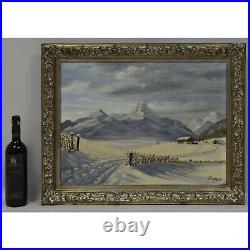 Peinture ancienne à l'huile sur toile de 1947 Paysage d'hiver 72 x 51 cm