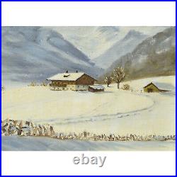 Peinture ancienne à l'huile sur toile de 1947 Paysage d'hiver 72 x 51 cm