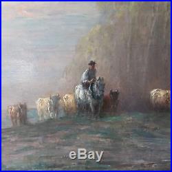 Peinture ancienne de paysage avec des vaches et un cavalier
