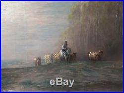 Peinture ancienne de paysage avec des vaches et un cavalier