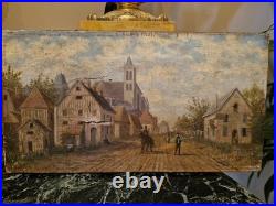 Peinture ancienne, huile Sur Toile, Rue De Village Animée Signée XIX Ème S