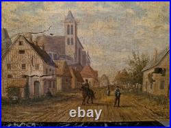 Peinture ancienne, huile Sur Toile, Rue De Village Animée Signée XIX Ème S