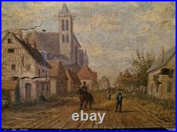 Peinture ancienne, huile Sur Toile, Rue De Village Animée Signée XIX Ème S