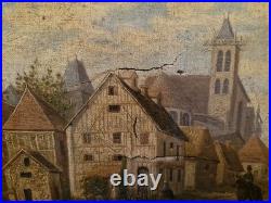 Peinture ancienne, huile Sur Toile, Rue De Village Animée Signée XIX Ème S