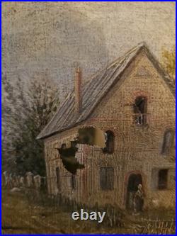 Peinture ancienne, huile Sur Toile, Rue De Village Animée Signée XIX Ème S