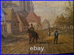 Peinture ancienne, huile Sur Toile, Rue De Village Animée Signée XIX Ème S