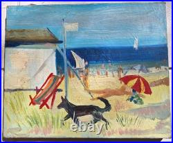 Peinture ancienne huile sur toile Bord De Mer Scène Personnage, Plage Tableau