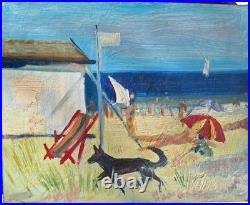 Peinture ancienne huile sur toile Bord De Mer Scène Personnage, Plage Tableau