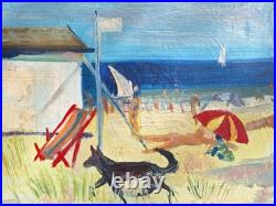 Peinture ancienne huile sur toile Bord De Mer Scène Personnage, Plage Tableau