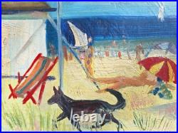 Peinture ancienne huile sur toile Bord De Mer Scène Personnage, Plage Tableau