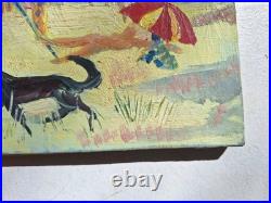 Peinture ancienne huile sur toile Bord De Mer Scène Personnage, Plage Tableau