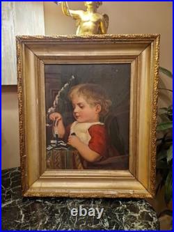 Peinture ancienne huile sur toile Enfant Jouant Aux Dominos