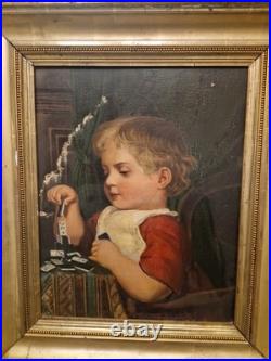 Peinture ancienne huile sur toile Enfant Jouant Aux Dominos