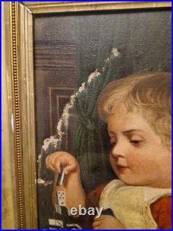 Peinture ancienne huile sur toile Enfant Jouant Aux Dominos