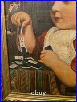 Peinture ancienne huile sur toile Enfant Jouant Aux Dominos