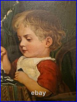 Peinture ancienne huile sur toile Enfant Jouant Aux Dominos