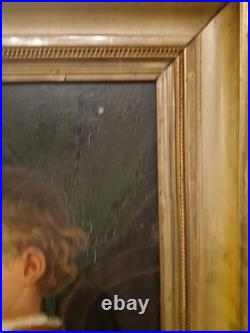 Peinture ancienne huile sur toile Enfant Jouant Aux Dominos