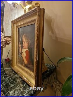 Peinture ancienne huile sur toile Enfant Jouant Aux Dominos