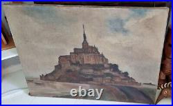 Peinture ancienne huile sur toile paysage Mont Saint Michel Manche Normandie
