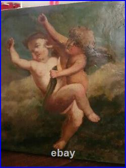 Peinture ancienne, huile sur toile, représentant deux anges