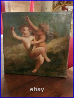 Peinture ancienne, huile sur toile, représentant deux anges