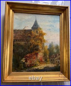Peinture huile sur toile 38,5 x 46,5 cm signée PROUST MAURICE, VUE D'UNE EGLISE