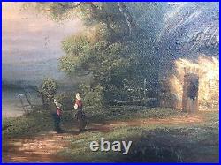 Peinture huile sur toile XIX signée, paysage animé, barbizon
