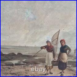 Peinture huile sur toile paysage pêche marine Painting canvas landscape fishing