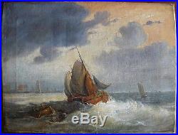 Peinture marine par temps orageux XVIIIème / école hollandaise / 39,5 cm x 30 cm