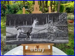 Peinture monochrome sur toile Dame et son lama