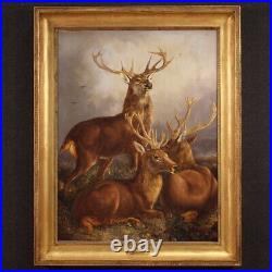 Peinture signée Cleminson tableau huile sur toile cerfs animaux 19ème siècle
