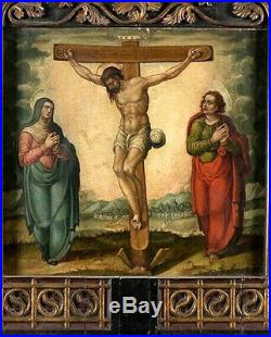 Peinture sur Panneau Des XVI-XVIIe. La Crucifixion avec la Vierge et Saint Jean