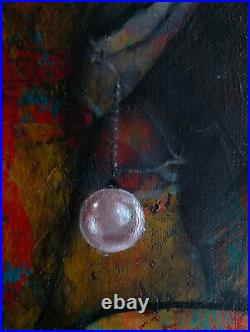 Peinture sur toile 50x50cm, Femme à la perle, STREET ART RENAISSANCE signée UMO