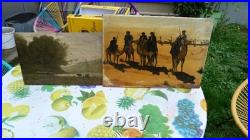 Peinture sur toile ancienne cavalier arabe + 1 tabeau vache personnage