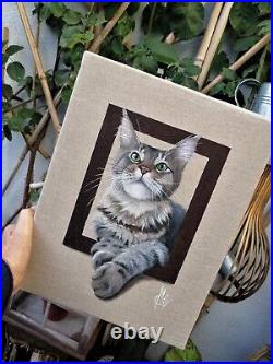 Peinture tableau chat Huile sur toile taille 35x27 cm