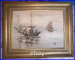 Peinture tableau huile sur toile Indochine Jonques baie d'halong
