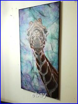 Peinture, tableau surréaliste, huile sur toile format 80/40 cm la girafe