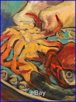 Poissons et crustacés. Important tableau de Georgette DUPOUY (Musée à DAX)