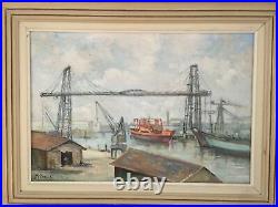 Port de Nantes/Pont Transbordeur Grande huile sur toile signée M. Caraës