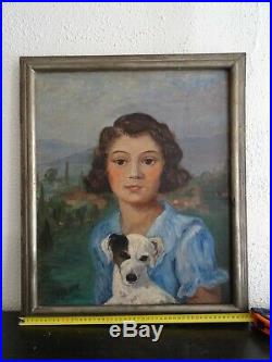 Portrait De Jeune Fille Au Chien-peinture Signée Des Années 30-école Lyonnaise