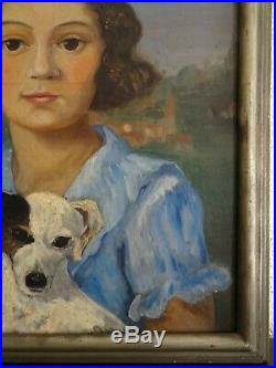 Portrait De Jeune Fille Au Chien-peinture Signée Des Années 30-école Lyonnaise