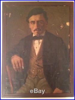Portrait Homme Notable Tableau ancien 19eme Peinture Huile sur Toile à restaurer