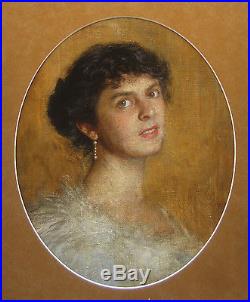 Portrait Jeune Femme Brune Robe Blanche Tableau Peinture France Huile Toile Art