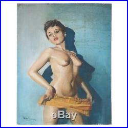 Portrait de femme nue Pin Up peinte à l'huile sur toile des années 1960