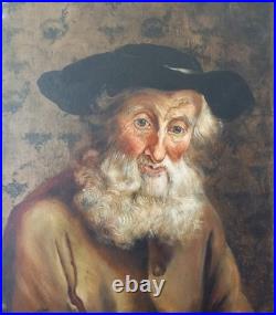 Portrait homme âgé barbu chapeau noir peinture sur toile signée encadrée