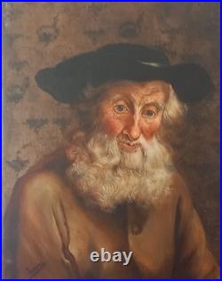 Portrait homme âgé barbu chapeau noir peinture sur toile signée encadrée