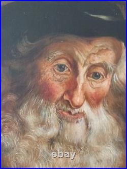 Portrait homme âgé barbu chapeau noir peinture sur toile signée encadrée